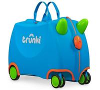 Trunki Ride-On Kids Suitcase with 360° Front Wheels - 17.6 L Hand Luggage Bag, Cabin Luggage with Wheels, Carry-on Approved Lightweight Kids Luggage with Tow Strap - Terrance, Blue