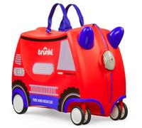 Trunki Ride-On Kids Suitcase with 360° Front Wheels - 17.6 L Hand Luggage Bag, Cabin Luggage with Wheels, Carry-on Approved Lightweight Kids Luggage with Tow Strap - Frank the Firetruck, Red