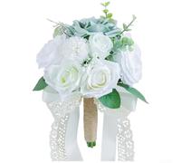 Trurovem Silk Rose Bridal Bouquet Artificial Flowers for Wedding Bride Bridesmaid Photography Props Home Decor Realistic Blue Purple Green 25x20cm(Green)