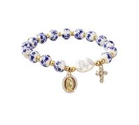 Trust In Something Greater Blue White Porcelain Beaded Bracelet, Religious Virgin Mary & Cross Charm Stretch Bracelet, Faith Inspirational Jewelry