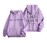 Trust In The Lord Graphic Hoodies for Women Y2K Drawstring Preppy with Hood Sweaters 2025 Zip Up Fleece Lined Jesus Letter Trendy Love Like Jesus Christian Pullover Hoodies Workou Light Purple