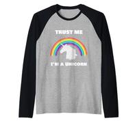 Trust Me I'm A Unicorn with Rainbow Background Raglan Baseball Tee