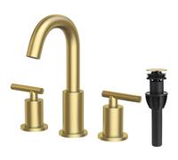 TRUSTMI 2 Handle 8 Inch Brass Bathroom Sink Faucet 3 Hole Widespread with Valve and cUPC Water Supply Hoses, with Overflow Pop Up Drain Assembly, Brushed Gold