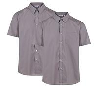 Trutex Boys Grey Short Sleeve School Shirts, 2 Pack - Non Iron Regular Fit Cotton-Rich Button Down Uniform Shirts (7-8 Years)