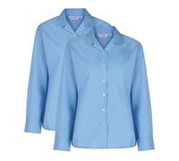 Trutex Girls Blue Long Sleeve School Shirts, Revere Collar, 2 Pack - Non Iron Standard Fit School Uniform Blouses (Age 12)