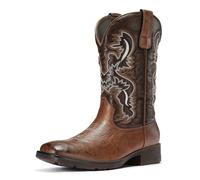 TruVeld Cowboy Boots for Men - Western Cowboy Boots for Men with Classic Embroidery, Slip-on Square Toe Boots, Non-Slip Country Boots with Chunky Heel, brown, 10 UK