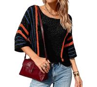 Truwelby Women's Boho Knit Jumper Colour Block Striped Pullover Lightweight Cable Knit Sweater 3/4 Sleeve Tops for Spring Autumn (Black, S)
