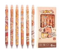Truyuety 6 Piece Adorable Erasable Retractable Pens, Rub Out Pens with Eraser Friction Pen with Rubbers on the End, Erasable Gel Ink Cartoon Capybara Pen 0.5mm Fine Tip Blue Ink
