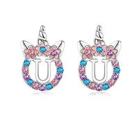 TRWWELL Cute Initial Unicorn Hypoallergenic Stud Earrings Rhinestone Initial Letter Stud Earrings for Girls Unicorns Jewelry Gifts for Kids, 32mm, Zinc, Rhinestone
