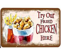 Try Our Fried Chicken Here Retro Diner Style Bistro Restaurant Aluminum Tin Sign Metal Wall Art Decorations Iron Painting for Indoor Outdoor Home Decor Room Door Accessories Poster Housewarming Gifts