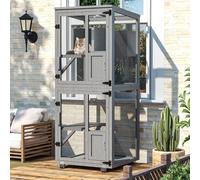 TRYKERPET 4 Tiers Catio Outdoor Cat Enclosure, Outdoor Cats House with 4 Wheels, Cat Enclosure Window Access with Removable Floor, Upgraded Resting Box, Waterproof Roof, Wooden Indoor Pet Cage, Grey