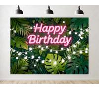 Trykid 5x3ft Tropical Happy Birthday Backdrop Pink Neon Sign String Lights Monstera Leaf Photography Background Party Decorations Banner Photoshoot Studio Props Fabric