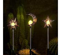 Tryme 3 Pack Solar Garden Stake Lights - Moon, Sun, Star - Warm White LED - Waterproof - Outdoor Garden Decor