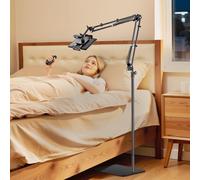 TRYONE Tablet Floor Stand for Kindle Holder: E-Book Bed Mount with Page Turner Remote & Flexible Adjustable Arm, Heavy-Duty Metal Base Compatible with Devices from 4.7-16.1 inches