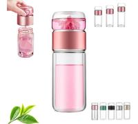 Tryteava Glass Infuser Bottle, Double Wall Borosilicate Tea Cup with Built-in Strainer, One-Touch Brewing Mug, Portable 3-in-1 Tea Maker for Loose Leaf for Tea and Infused(Pink,350ml)