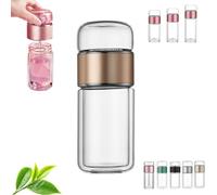 Tryteava Glass Infuser Bottle, Double Wall Borosilicate Tea Cup with Built-in Strainer, One-Touch Brewing Mug, Portable 3-in-1 Tea Maker for Loose Leaf for Tea and Infused(Gold,420m)