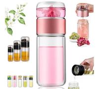 Tryteava Glass Infuser, Hot or Cold 3-in-1 Smart Tea Infuser with Filter & Lid, Flip & Brew Double Layered Glass Tea Separation Tea Bottle, Leak-Proof Cup for Blooming Loose Leaf Tea(Pink,280ml)