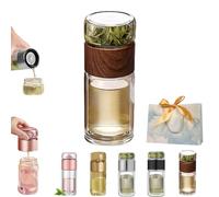 Tryteava Glass Infuser, Teava 3-in-1 Smart Tea Infuser, Double-Layered Glass Tea Infuser Bottle, 304 Stainless Steel Filter, Portable Leak-Proof Tea Infuser Pot (Wood, 280ml)