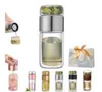 Tryteava Glass Infuser, Teava 3-in-1 Smart Tea Infuser, Double-Layered Glass Tea Infuser Bottle, 304 Stainless Steel Filter, Portable Leak-Proof Tea Infuser Pot (Silver, 420ml)