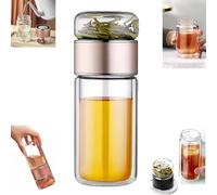 Tryteava Glass Infuser, Teava 3-in-1 Smart Tea Infuser, Glass Tea Infuser, Double Wall Borosilicate Glass Tea Cup with Built-In Strainer, Strainer Teas Separation Cup for Loose Leaf (Gold,420ml)