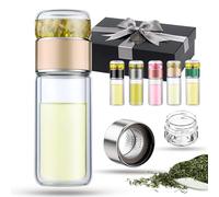 Tryteava Glass Infuser - Try Teava 3-in-1 Smart Tea Infuser, Double-Walled Borosilicate Glass & 304 Stainless Steel Filter, Flip-up Brewing - Flavor Control No Tea Residue, Leak-Proof (Gold, 420ml)