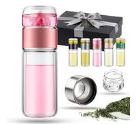 Tryteava Glass Infuser - Try Teava 3-in-1 Smart Tea Infuser, Double-Walled Borosilicate Glass & 304 Stainless Steel Filter, Flip-up Brewing - Flavor Control No Tea Residue, Leak-Proof (Pink, 280ml)