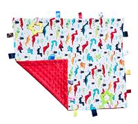 TRYTUTRY Big Tags Blanket for Babies, Soft Red Dinosaur Toddler Taggy Blanket, Cute Baby Security Blanket with Tags, 55x45CM/21.7x17.7INCHES