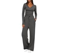 tsaChick Dupe Two Piece Outfit Women's Tracksuit Stretch Lounge Sets Long Sleeve V Neck Crop Top Elastic Waist Wide Leg Trouser Airport Outfits Y2k Clothes Yoga Trousers Suit