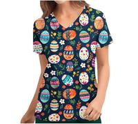 tsaChick Easter Scrubs V Neck Easter Scrub Top Cute Bunny Easter Eggs Scrubs Tops Nurse Adult Nurse Uniform Women Workwear Beauty Tunic Medical Uniforms & Scrubs Work Healthcare Tunics for Women XXL
