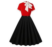 tsaChick Evening Dress Tie Swing Dress Retro Rockabilly Cocktail Black and Red Plus Size Wedding Short Sleeve 1950S