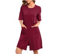 tsaChick Ladies Dressing Gowns Zipper Front Women's Bathrobe Short Lightweight Robes for Women 3/4 Sleeve Soft Pajamas Pockets Nightdress Plus Size Sleepwear