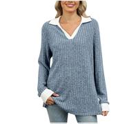 tsaChick Ladies Tops Ribbed Knit Sweaters Ladies Long Sleeve Tops Jumpers Plus Size T-Shirts for Women Uk Casual Loose Sweatshirts Fall Winter Women's And Blouses V Neck Pullover Lapel Collar Tunic