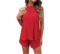 tsaChick Leisure Suit 2 Piece Sleeveless Polyester Women'S Trouser Suits Halter Neck Shirt And Shorts Lounge Wear Solid With Two Pockets Co Ord Outfits Casual Loose Plus Size Red L