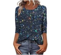 tsaChick Sequin Tops for Women UK Sparkle 3/4 Sleeve Dressy Shirts Glitter Blouses Casual Crew Neck Party Night Tunic Top Elegant Shiny Tshirts Navy