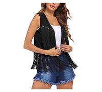tsaChick Women Cowgirl Outfit Tassel Waistcoat Jacket 70s Hippie Faux Suede Rivets Sleeveless Fringe Vest Open Front Cropped Cardigan Tops Country And Western Clothing Festival Outfit