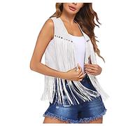 tsaChick Women Cowgirl Outfit Tassel Waistcoat Jacket 70s Hippie Faux Suede Rivets Sleeveless Fringe Vest Open Front Cropped Cardigan Tops Country And Western Clothing Festival Outfit