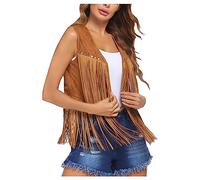 tsaChick Women Cowgirl Outfit Tassel Waistcoat Jacket 70s Hippie Faux Suede Rivets Sleeveless Fringe Vest Open Front Cropped Cardigan Tops Country And Western Clothing Festival Outfit
