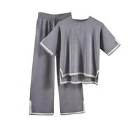 tsaChick Womens 2 Piece Outfit Sweater Sets Womens Tracksuits Summer Casual Short Sleeve Knitted Pullover Tops and Wide Leg Pants Lounge Suits Co Ords Sets for Women Uk Airport Outfit