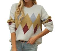 tsaChick Womens Jumpers Crewneck Chunky Knit Jumpers Long Sleeve Pullovers for Women Diamond Pattern Womens Jumper Casual Loose Winter Tops for Women UK Warm and Suitable for Fall Winter with Jeans