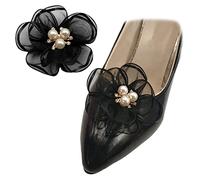 Tsangbaby 2 Pcs Pearl Flowers Shoe Clips Exquisite Rhinestone Shoes Charms Lace Floral Shoe Accessory for Wedding Pointed Toe Pumps Black