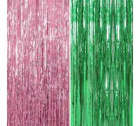 Tsangbaby 2pcs Tinsel Curtains, Green and Pink Foil Curtain Wicked Party Decorations, Metallic Tinsel Streamers Glitter Curtain Backdrop for Wicked Party Decorations Witch Princess Party Disco