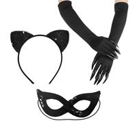 Tsangbaby 3 Pcs Black Cat Costume Set for Women, Cat Cosplay Costumes with Cat Ears Cat Mask Cats Claws Cat Women Accessories for Adult Kid Halloween Party Stage Show Masquerade Fancy Dress