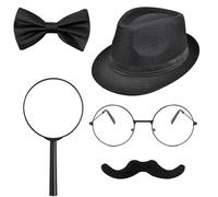 Tsangbaby 5pcs Detective Costume Accessories Set for Kids Adults, Black Detective Fancy Dress Kit with Hat Fake Mustache Bow Tie Black Frame Glasses Magnifier for Halloween Cosplay Carnival Party