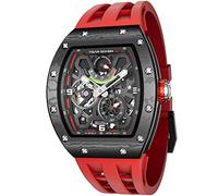TSAR BOMBA Luxury Automatic Men's Watch - Carbon Fibre / Ceramic - Japanese Movement Sapphire Glass - 50 m Waterproof Square Watch - Power Reserve Display, Carbon fibre red, Strap.