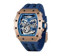 TSAR BOMBA Luxury Automatic Waterproof Watch 50 m Barrel Skeleton Brand Rectangular Diving Sport Military Gift Man Japanese Movement Sapphire Mirror Gold Blue Case Thickness 15.5 mm, Blue Gold,