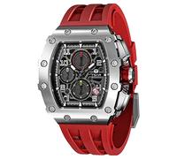 TSAR BOMBA Watch for Men, 50M Waterproof Mens Watches, Luxury Tonneau Watch with Silicone Watch Bands, Japanese Quartz Movement Chronograph, Gifts for Men, Silver Red 1, Case thick:16.8MM, Luxurt