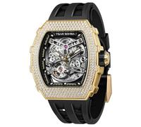 TSAR BOMBA Men's Automatic Watch Luxury Skeleton Tonneau Watches for Men Cool Dial Cubic Zirconia 50M Waterproof Mens Mechanical Analogue Wristwatch with Fluoroelastomer Strap,goldblack