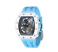 TSAR BOMBA Men's Automatic Watch Mechanical Tonneau Luxury Skeleton Watches for Men 50M Waterproof Analogue Work Mens Wrist Watch Unique Cool Design Square Silver Big Face Wristwatch Silicone Strap