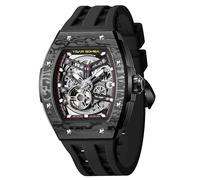 TSAR BOMBA Men's Automatic Watch Tonneau Luxury Skeleton Watches for Men Mechanical 50M Waterproof Analogue Watches Mens Unique Cool Square Big Face Dial Wristwatch with Silicone Strap Band