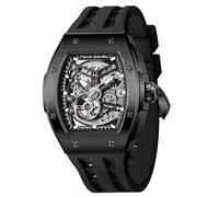 TSAR BOMBA Men's Automatic Watch Tonneau Luxury Skeleton Watches for Men Mechanical 50M Waterproof Analogue Watches Mens Unique Cool Square Big Face Dial Wristwatch with Silicone Strap Band, 28A-Black